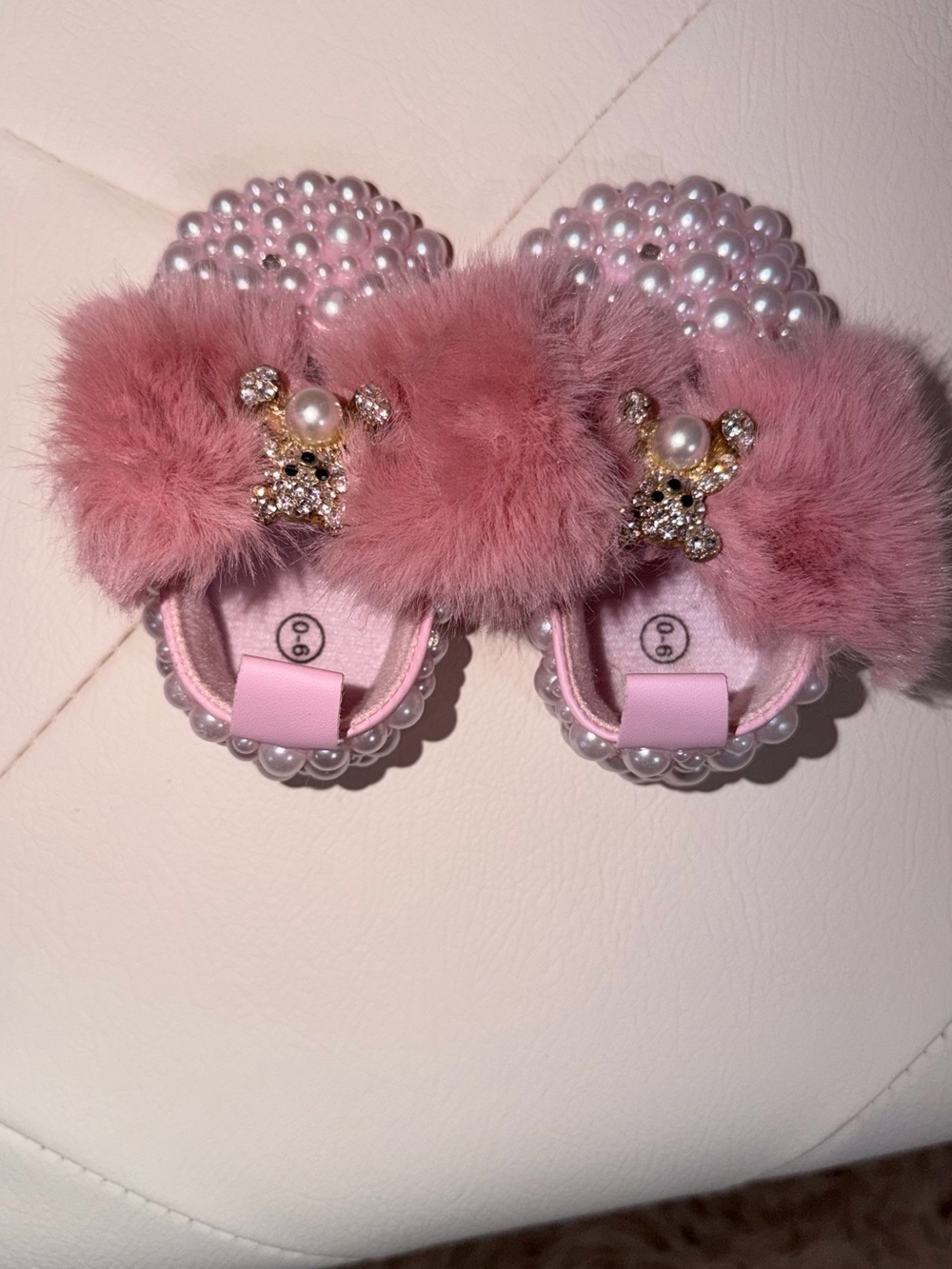 Pink Faux-Fur Pearl Toddler Slides